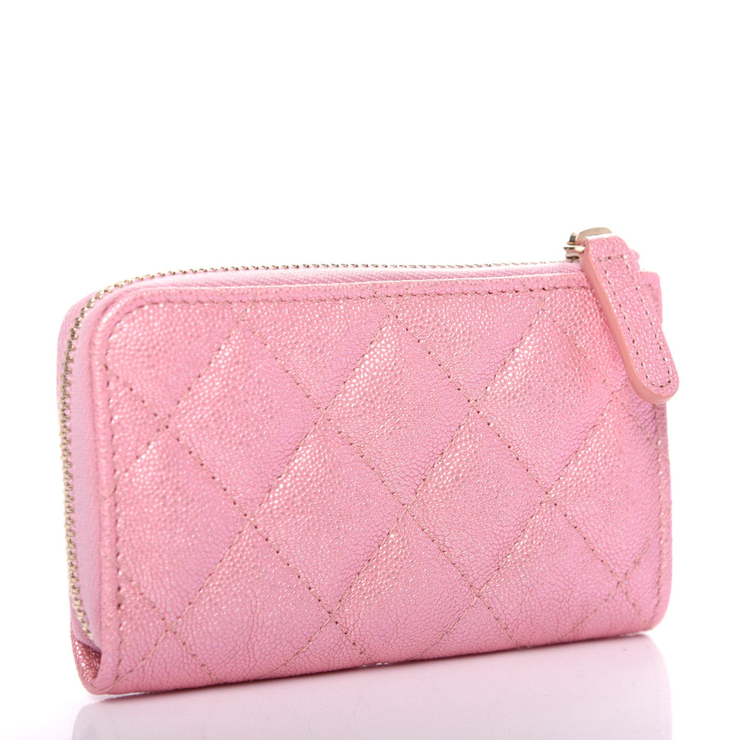 Iridescent Caviar Quilted Zipped Key Holder Case Rose Pink