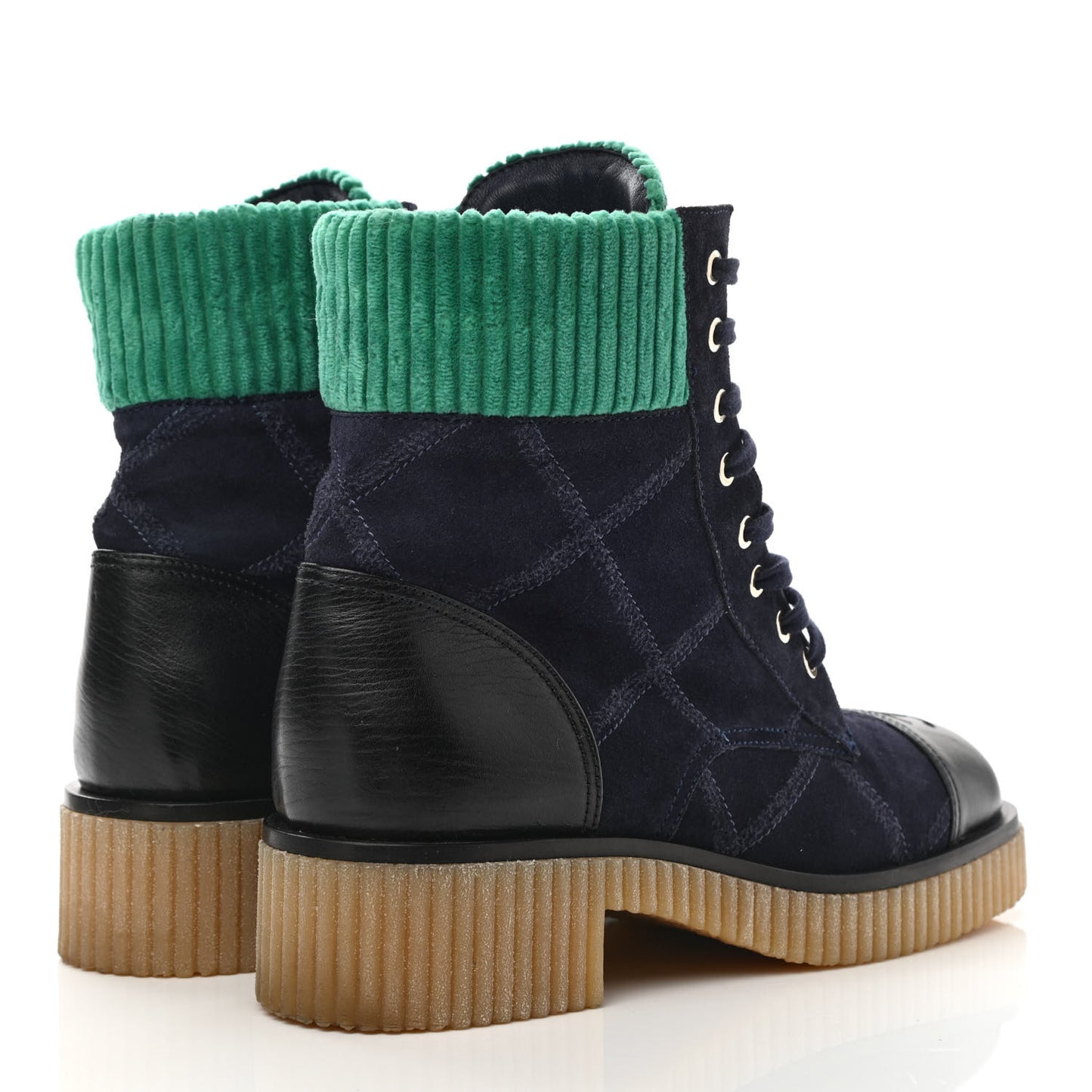 Suede Calfskin Velvet Quilted CC Combat Boots 40 Navy Green Black