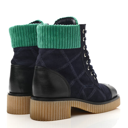Chanel Suede Calfskin Velvet Quilted CC Combat Boots 40 Navy Green Black 4 of 8