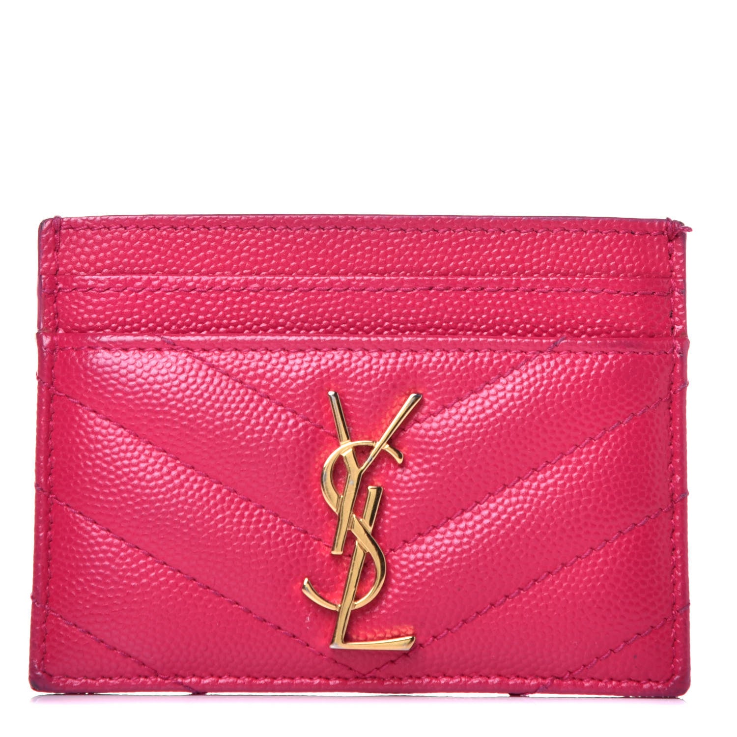 Saint Laurent Grain De Poudre Matelasse Chevron Monogram Credit Card Case Fresh Fuxia 1 of 8