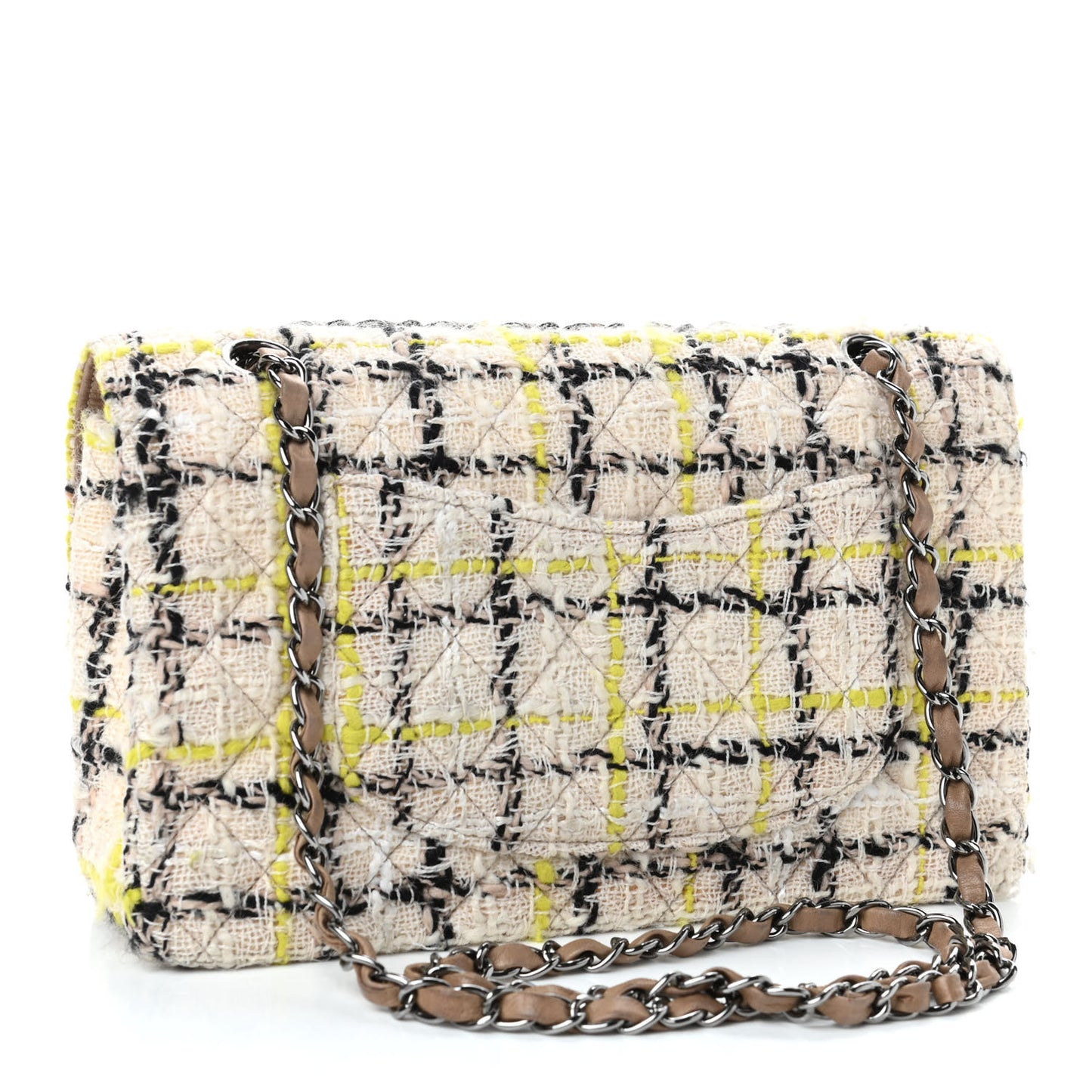 Tweed Quilted Medium Double Flap Beige Yellow Black