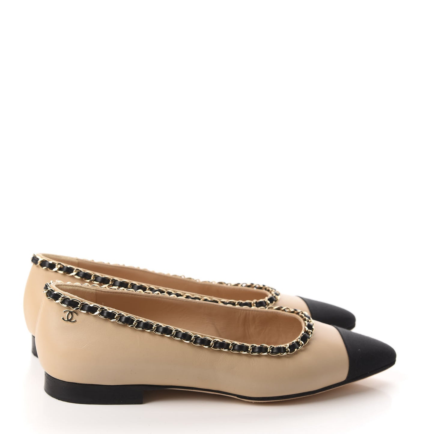 Lambskin Grosgrain Chain Cap Toe Flats 37 Beige Black