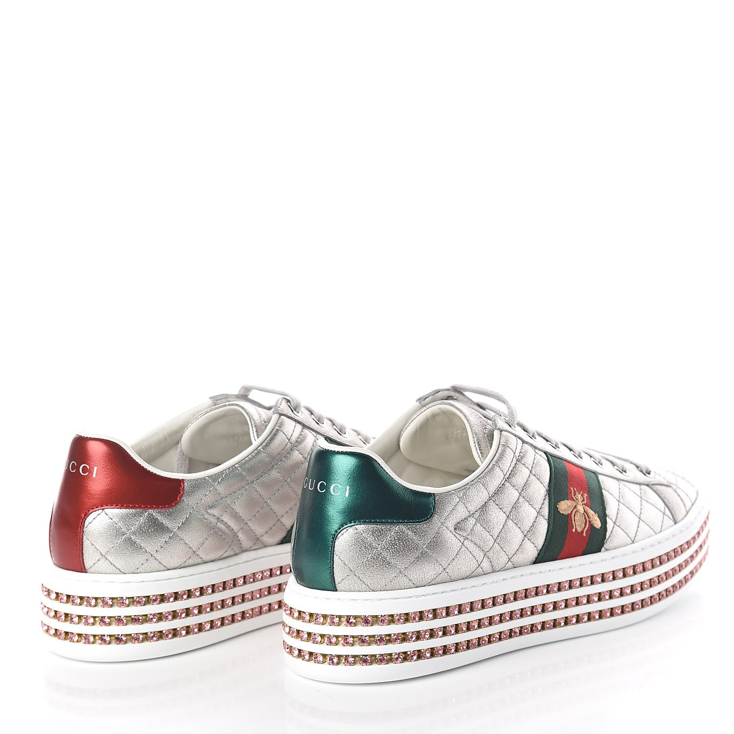 Gucci Laminated Nappa Crystal Web Bee Embroidered Trapuntata Womens Ace Platform Sneakers 38.5 Argento 4 of 7