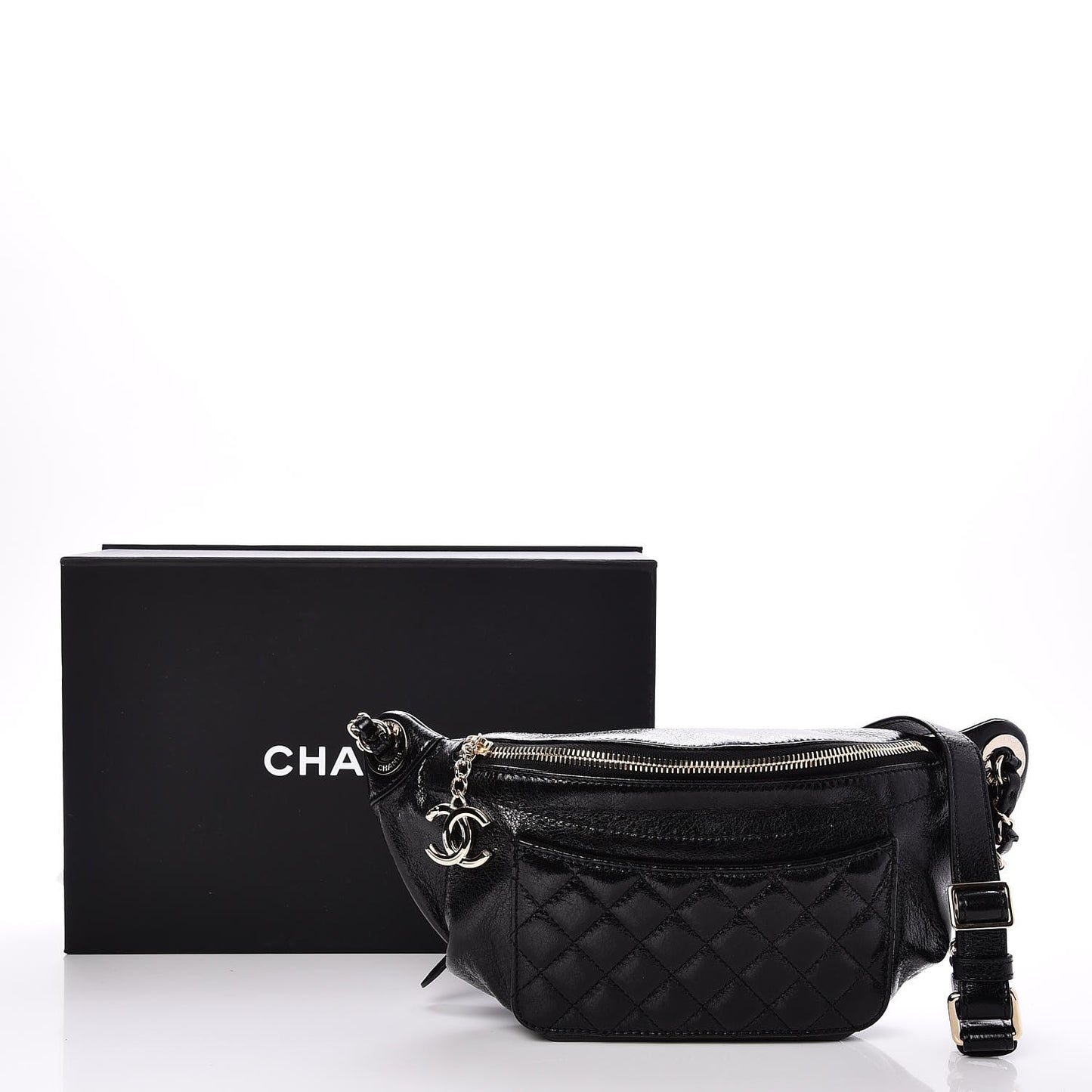 Crumpled Glazed Lambskin Quilted Waist Bag Fanny Pack Black