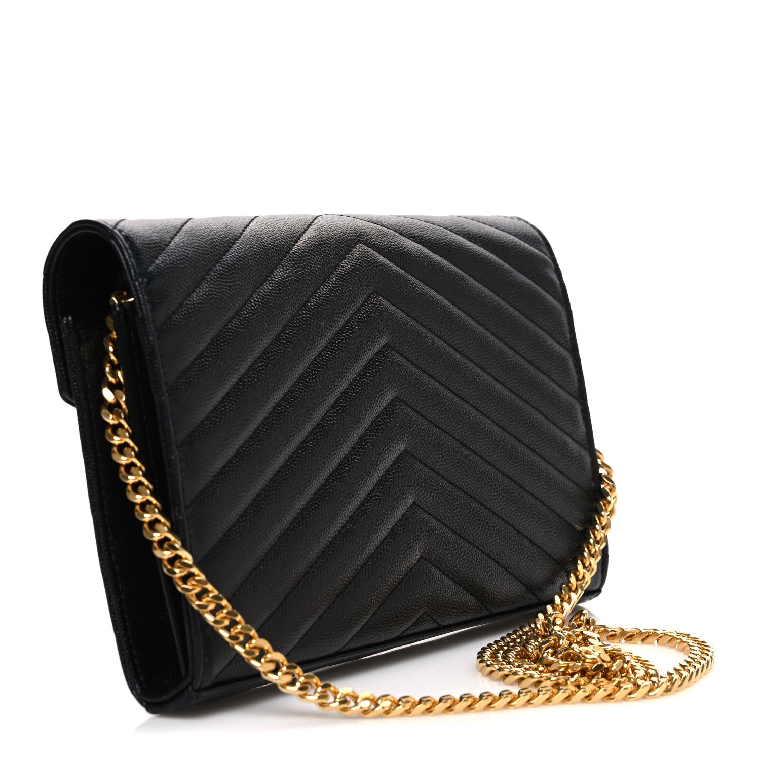 Saint Laurent Grain De Poudre Matelasse Chevron Monogram Chain Wallet Black 3 of 11