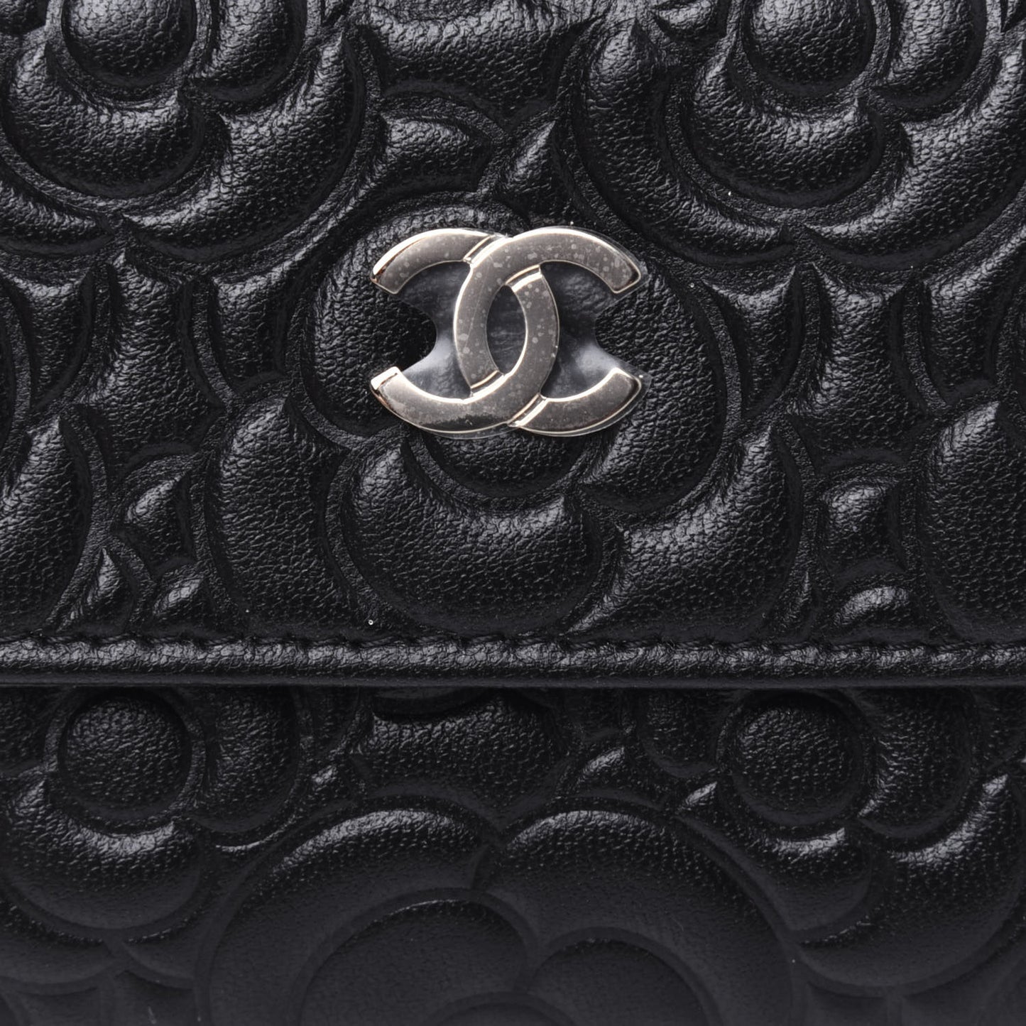 Lambskin Camellia Embossed Chain Belt Bag Black