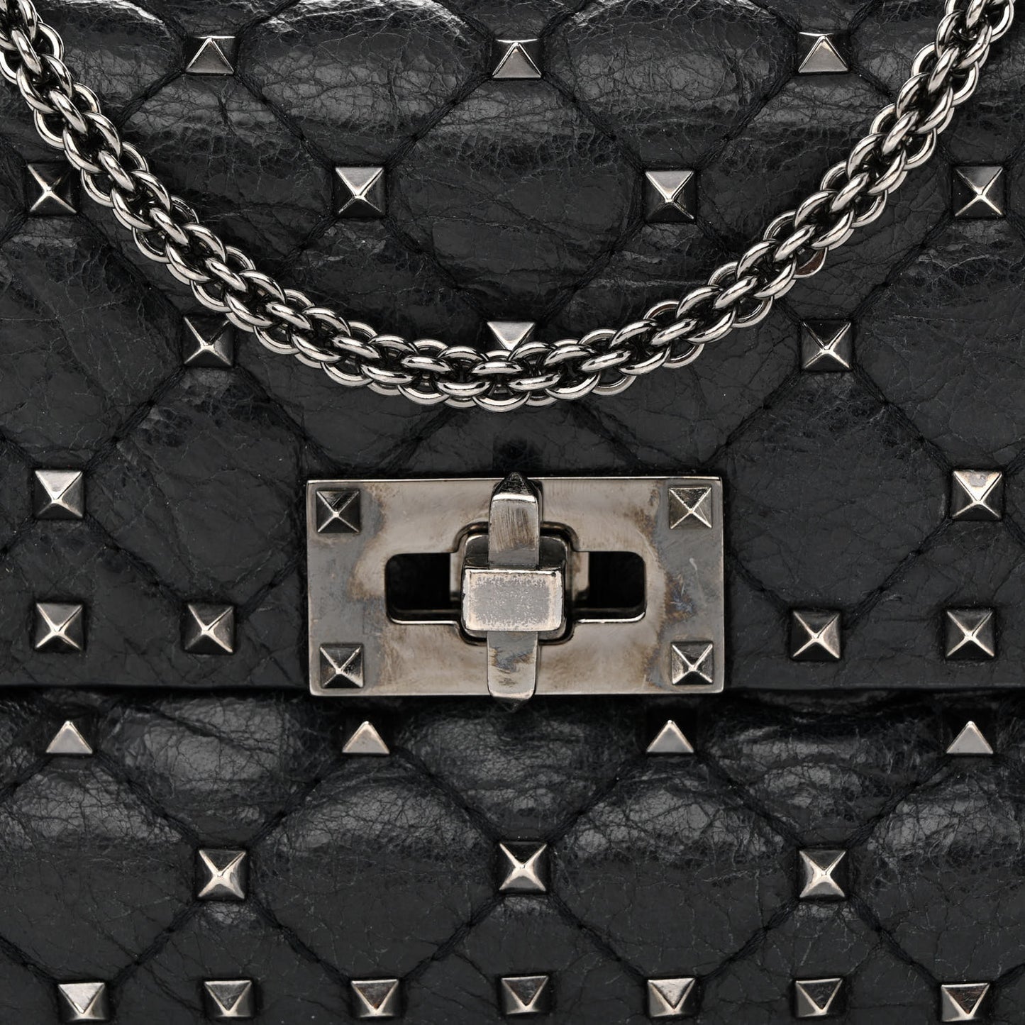 Craquele Nappa Small Rockstud Spike Shoulder Bag Black