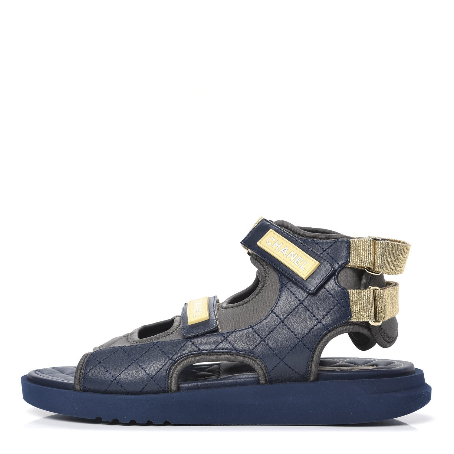 Chanel Goatskin Fabric Gladiator Sandals 41.5 Navy Blue Light Grey Yellow 1 of 9