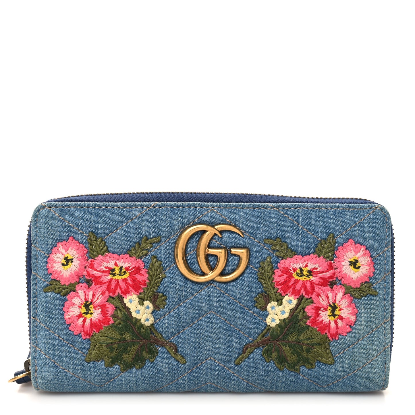 Denim Matelasse Floral Embroidered GG Marmont Zip Around Wallet Blue