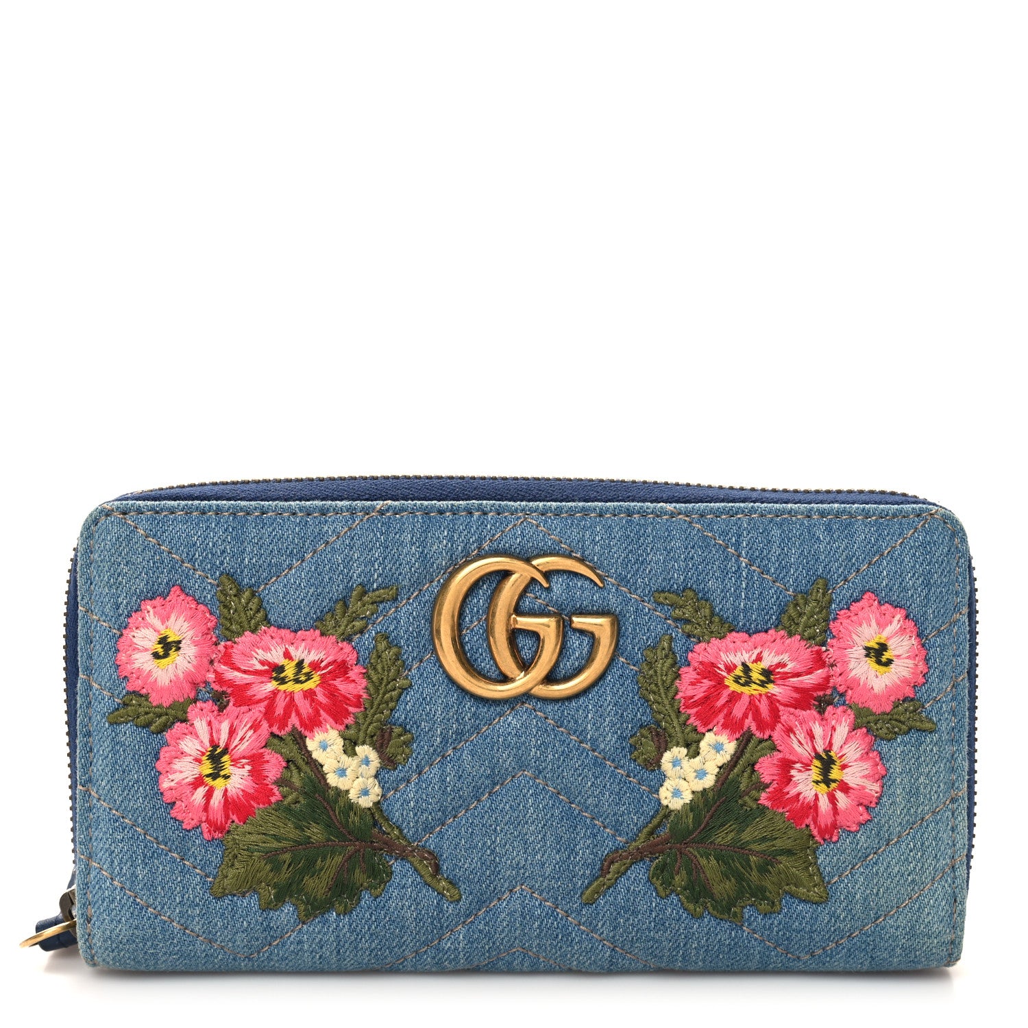 Gucci Denim Matelasse Floral Embroidered GG Marmont Zip Around Wallet Blue 1 of 8