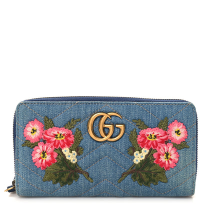 Gucci Denim Matelasse Floral Embroidered GG Marmont Zip Around Wallet Blue 1 of 8