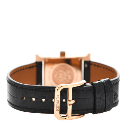 Hermes 18K Rose Gold Alligator Lacquer 21mm Heure H Hour Quartz Watch Noir 3 of 5