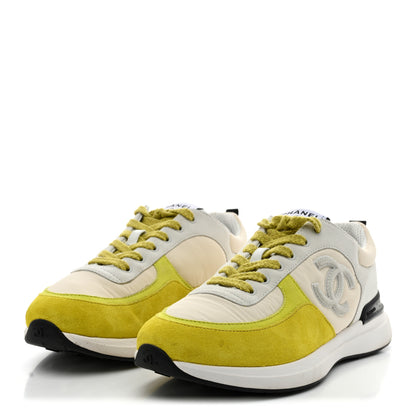 Chanel Fabric Suede Calfskin Logo Sneakers 41 Ivory Light Gray Yellow 4 of 11