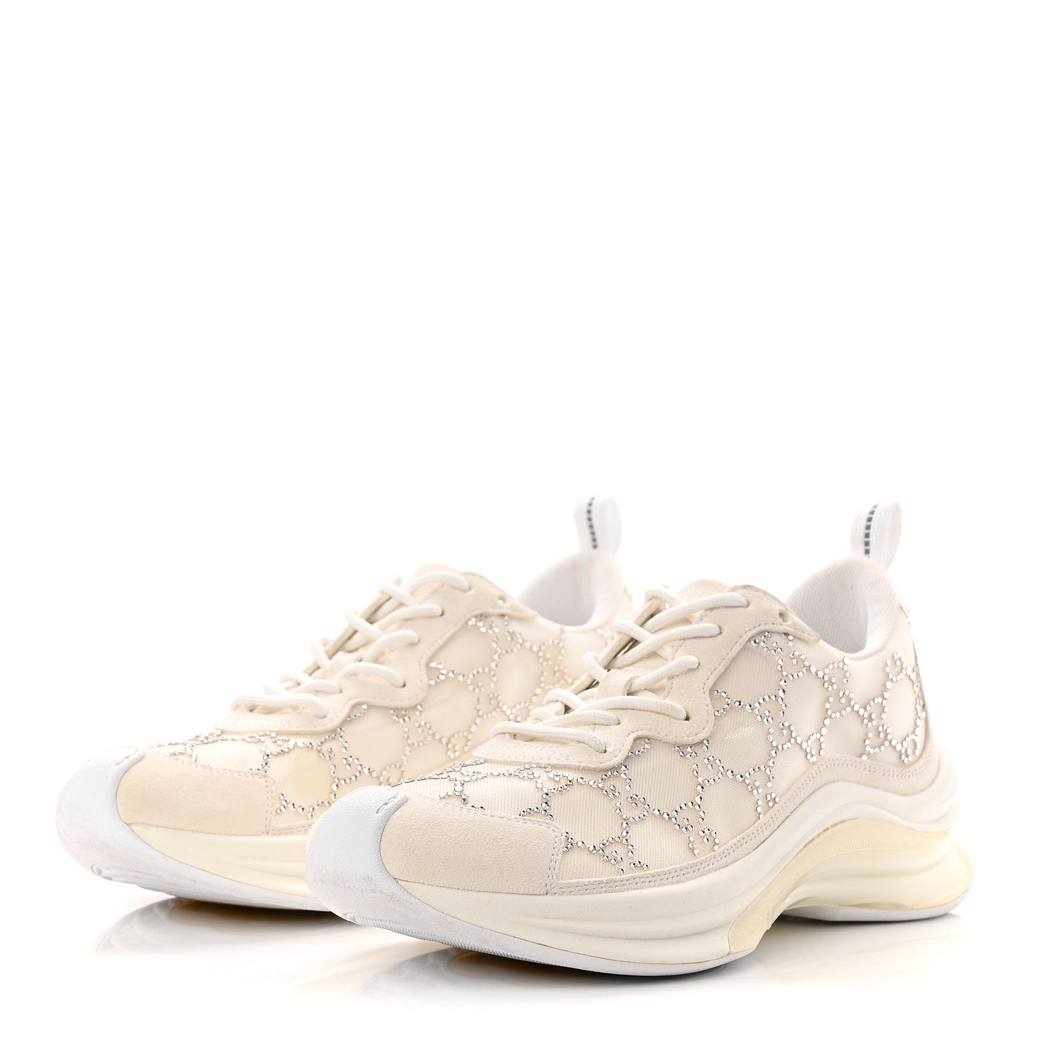 Gucci Tela Retino Mesh Crystal Suede GG Monogram Womens Gucci Run Sneakers 37.5 Off White Silver 4 of 10