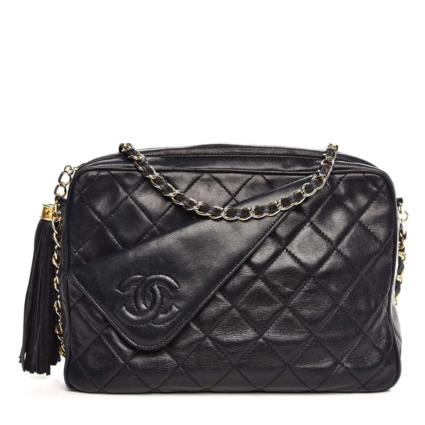 Lambskin Quilted CC Tassel Camera Case Black