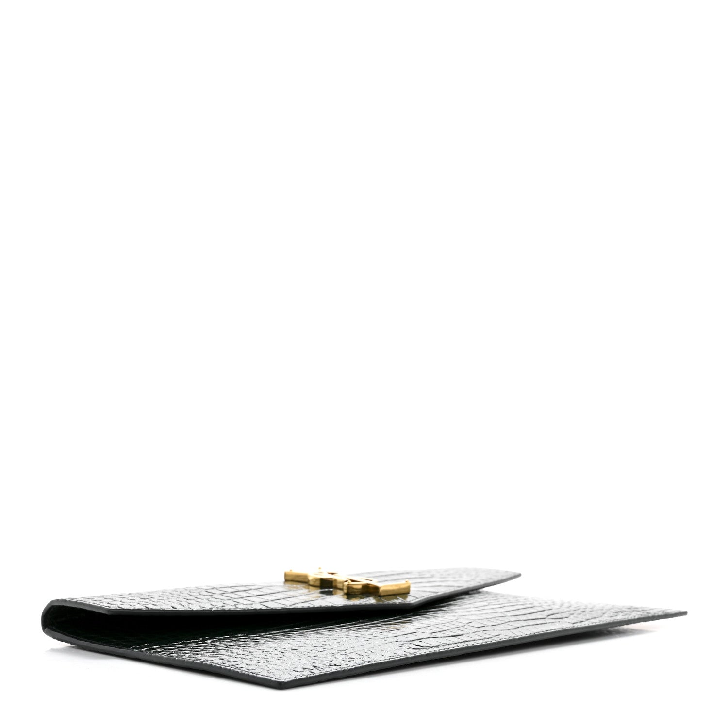 Saint Laurent Calfskin Crocodile Embossed Uptown Monogram Clutch Dark Green 4 of 10