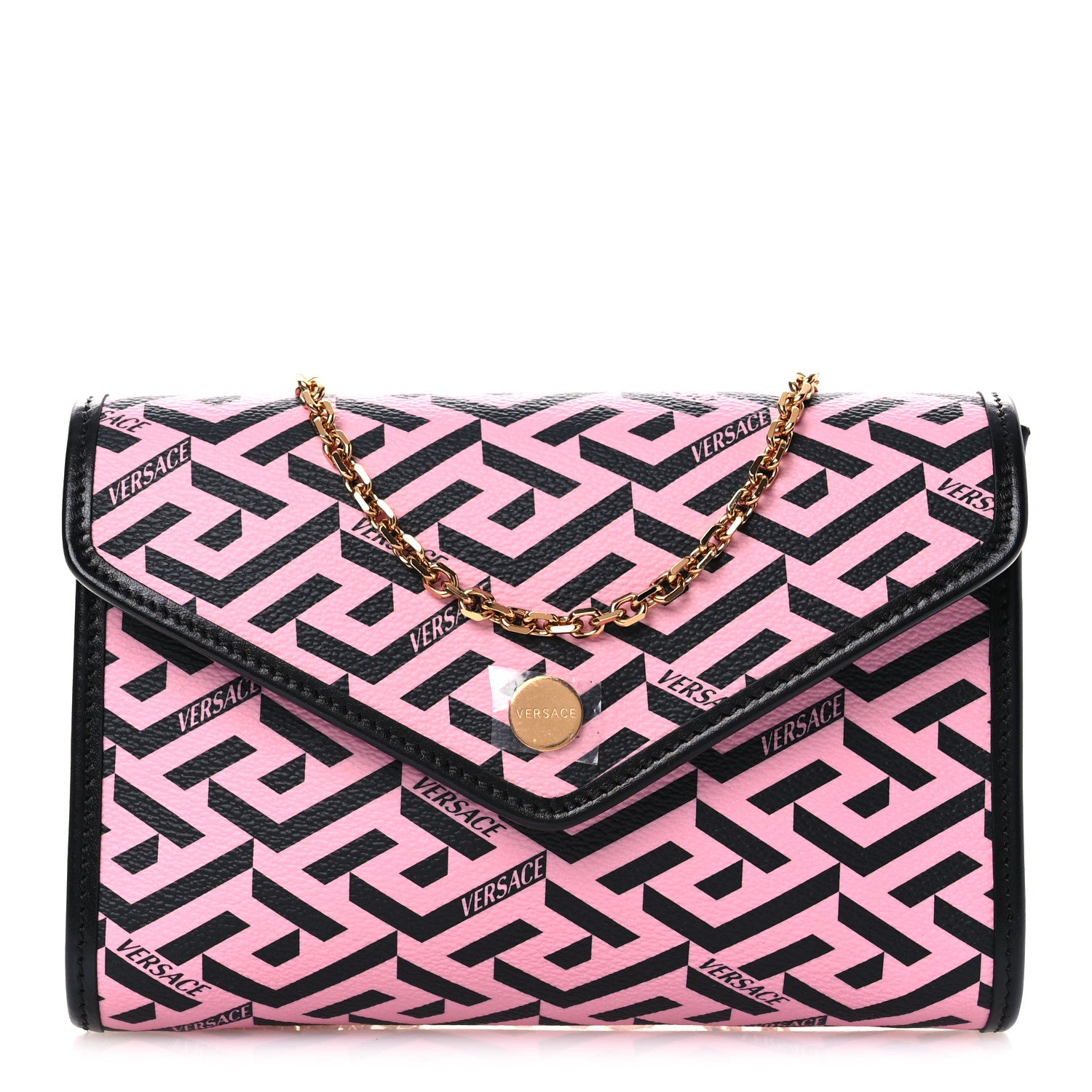 Versace Coated Canvas La Greca Signature Wallet On Chain Black Pink 1 of 12