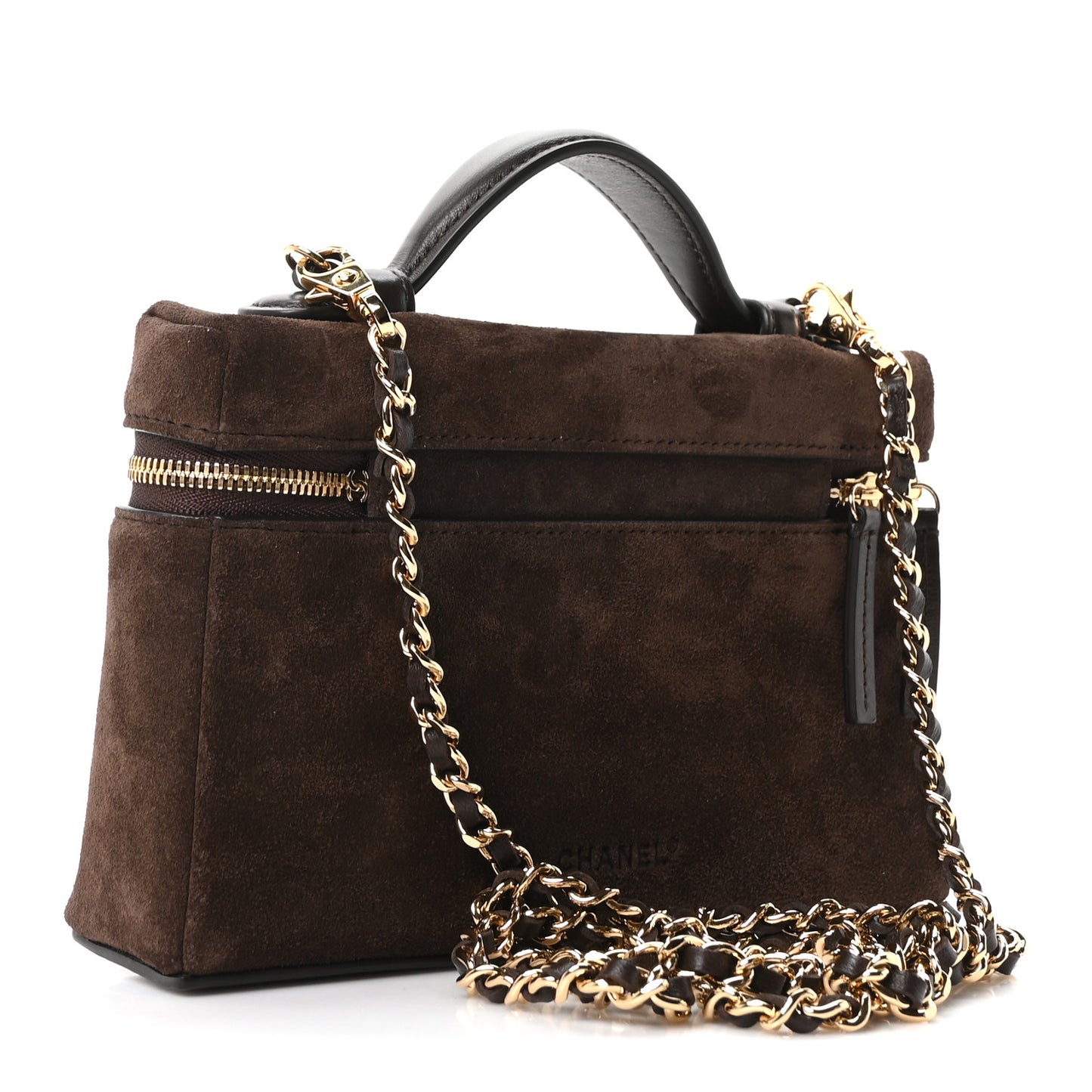 Suede Calfskin Top Handle Trapeze Small Vanity Case With Chain Dark Brown