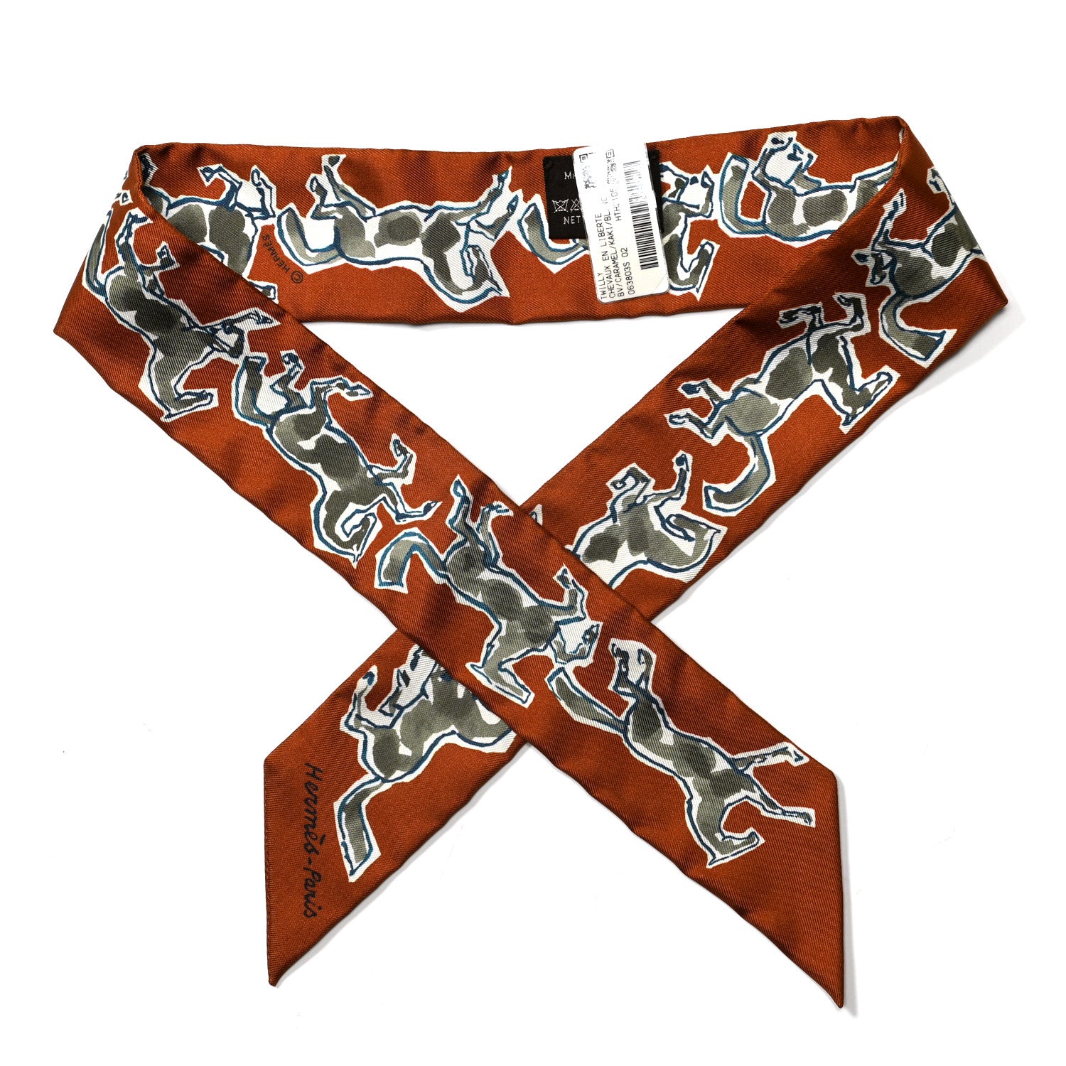 Hermes Silk Chevaux En Liberte Twilly Caramel Kaki White 1 of 6