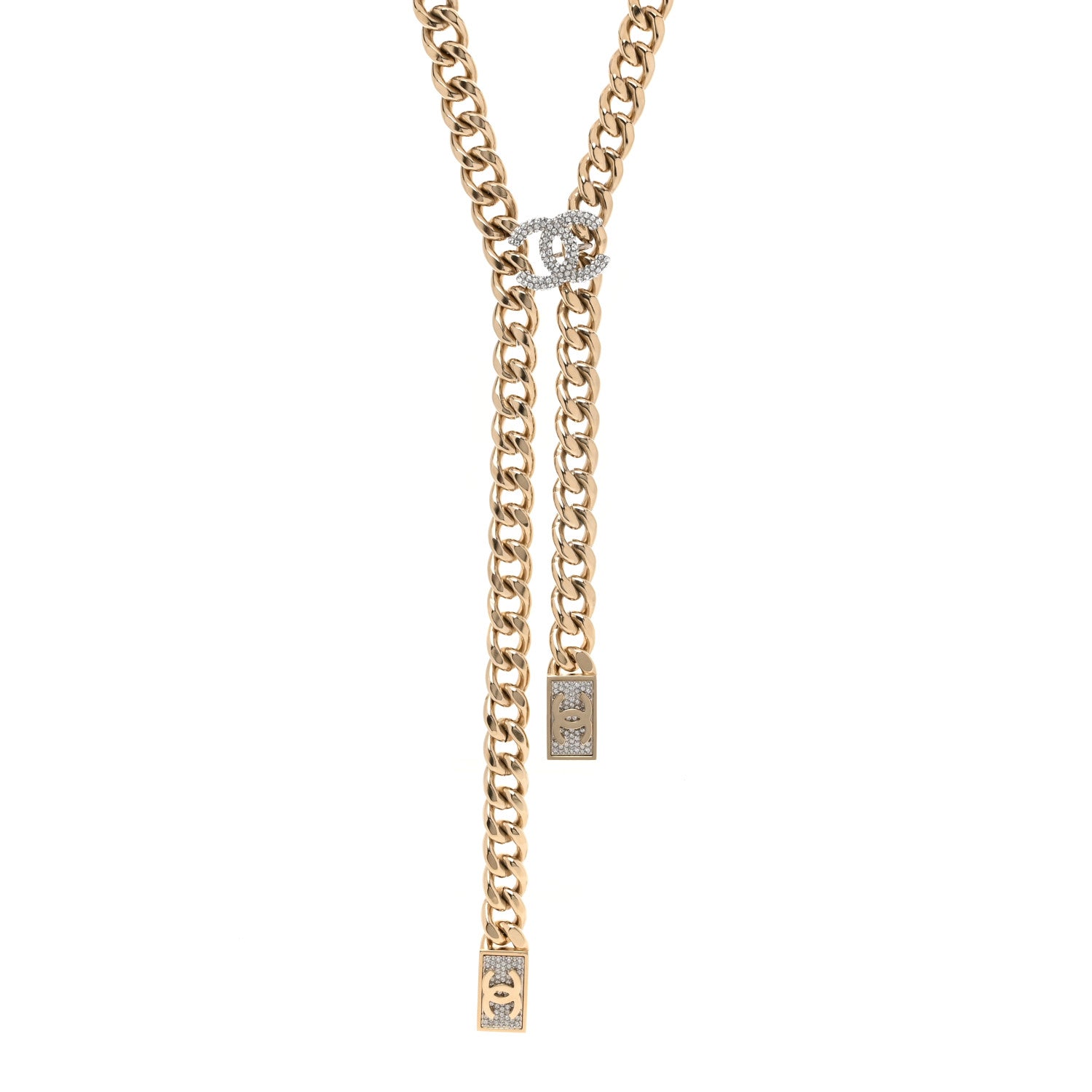 Chanel Chain Link Crystal CC Dog Tag Charm Necklace Gold 1 of 5