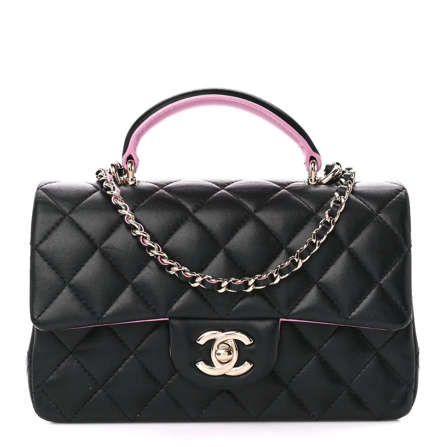 Lambskin Quilted Bi-Color Mini Top Handle Rectangular Flap Black Lilac