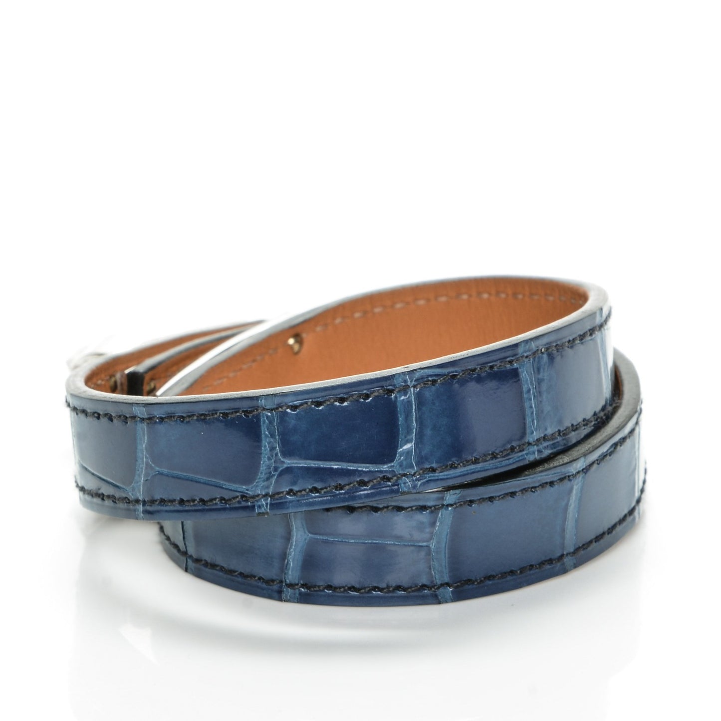 Shiny Alligator Kelly Double Tour Bracelet S Bleu Roi