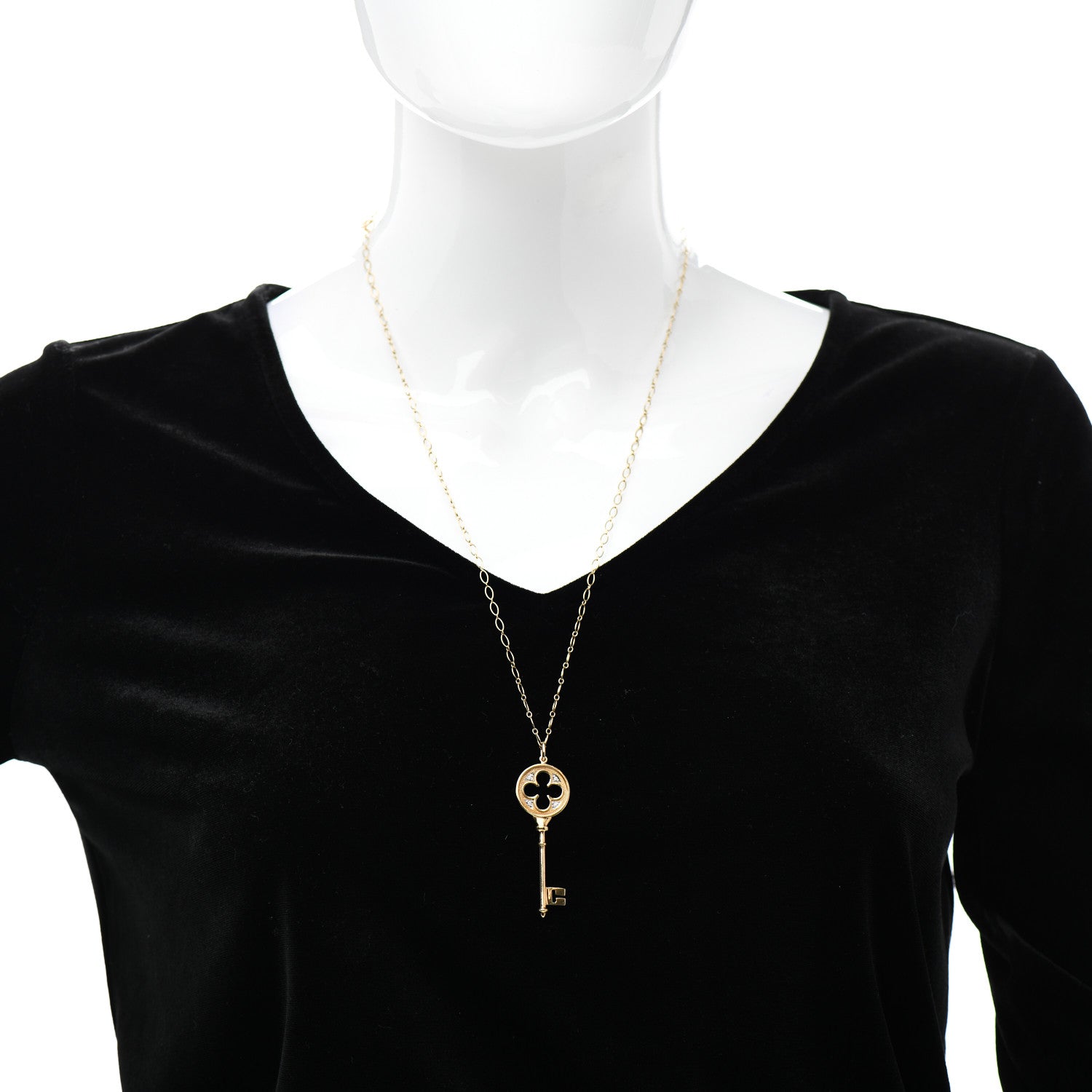 Tiffany 18K Yellow Gold Diamond Quatrefoil Key Pendant Necklace 2 of 5