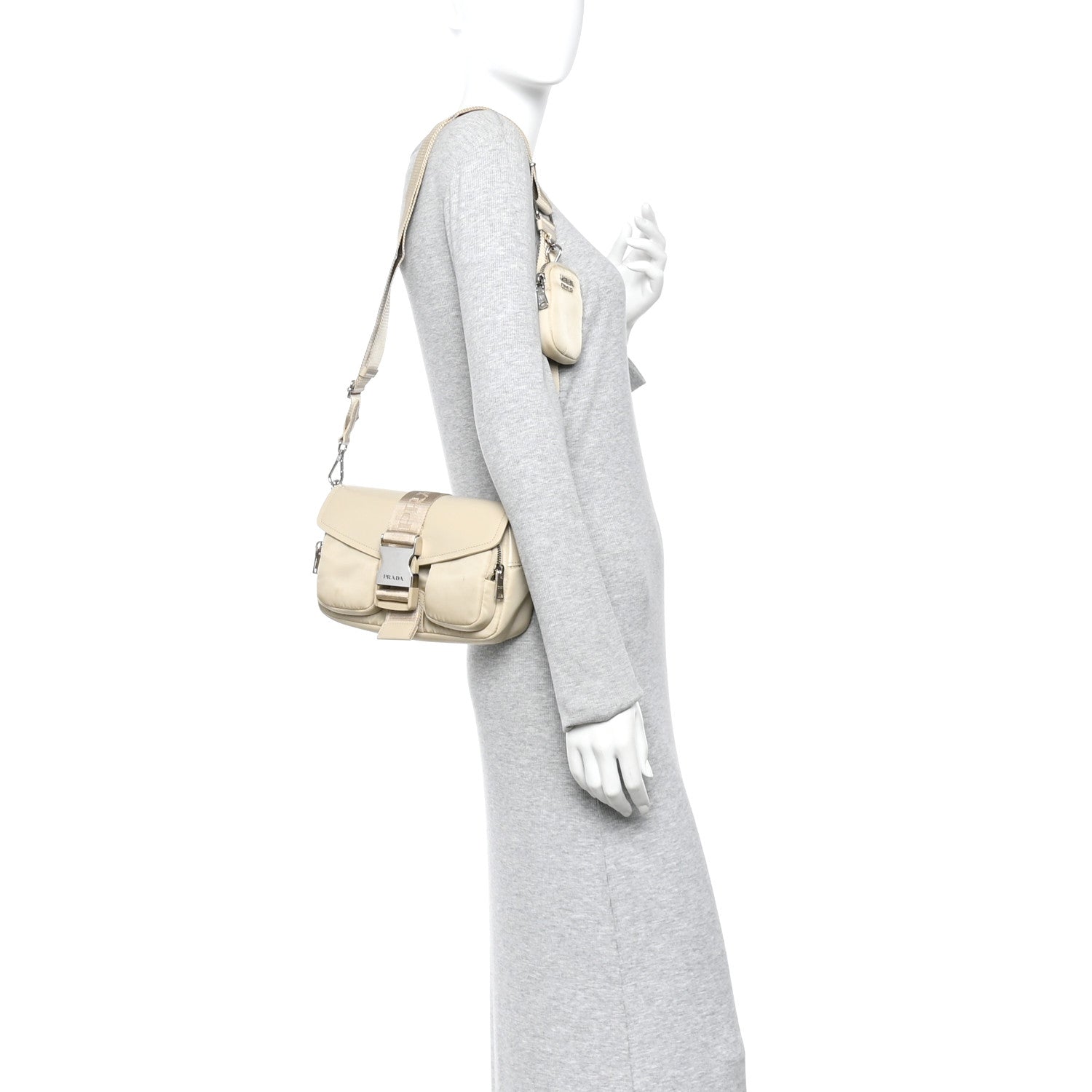 Prada Re-Nylon Spazzolato Double Pocket Buckle Shoulder Bag Deserto 2 of 10