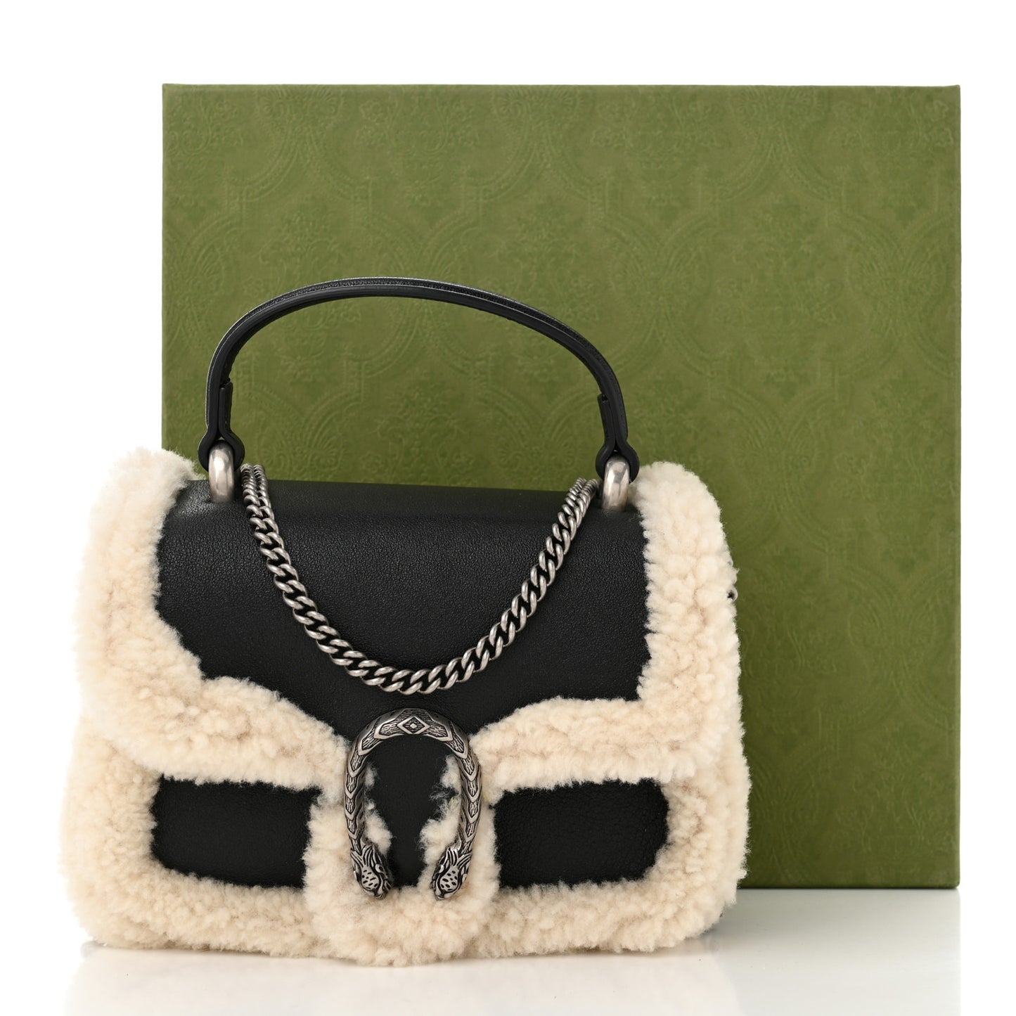 Sakai Be Green Calfskin Shearling Dionysus Top Handle Bag Black