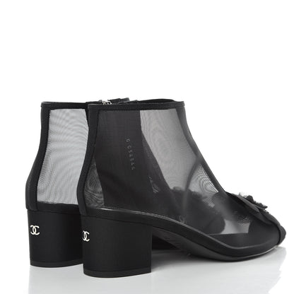 Chanel Mesh Grosgrain Camellia Short Boots 37 Black 4 of 8