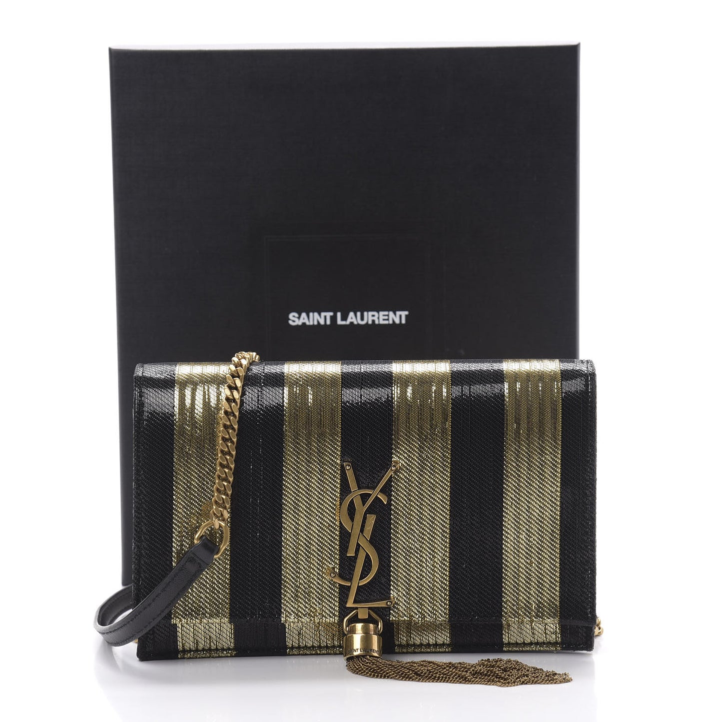 Sequin Striped Classic Monogram Kate Tassel Chain Wallet Black Gold