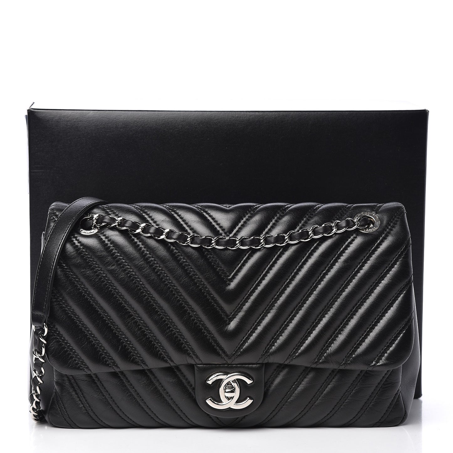 Lambskin Chevron Quilted Double Stitch Jumbo Single Flap Black