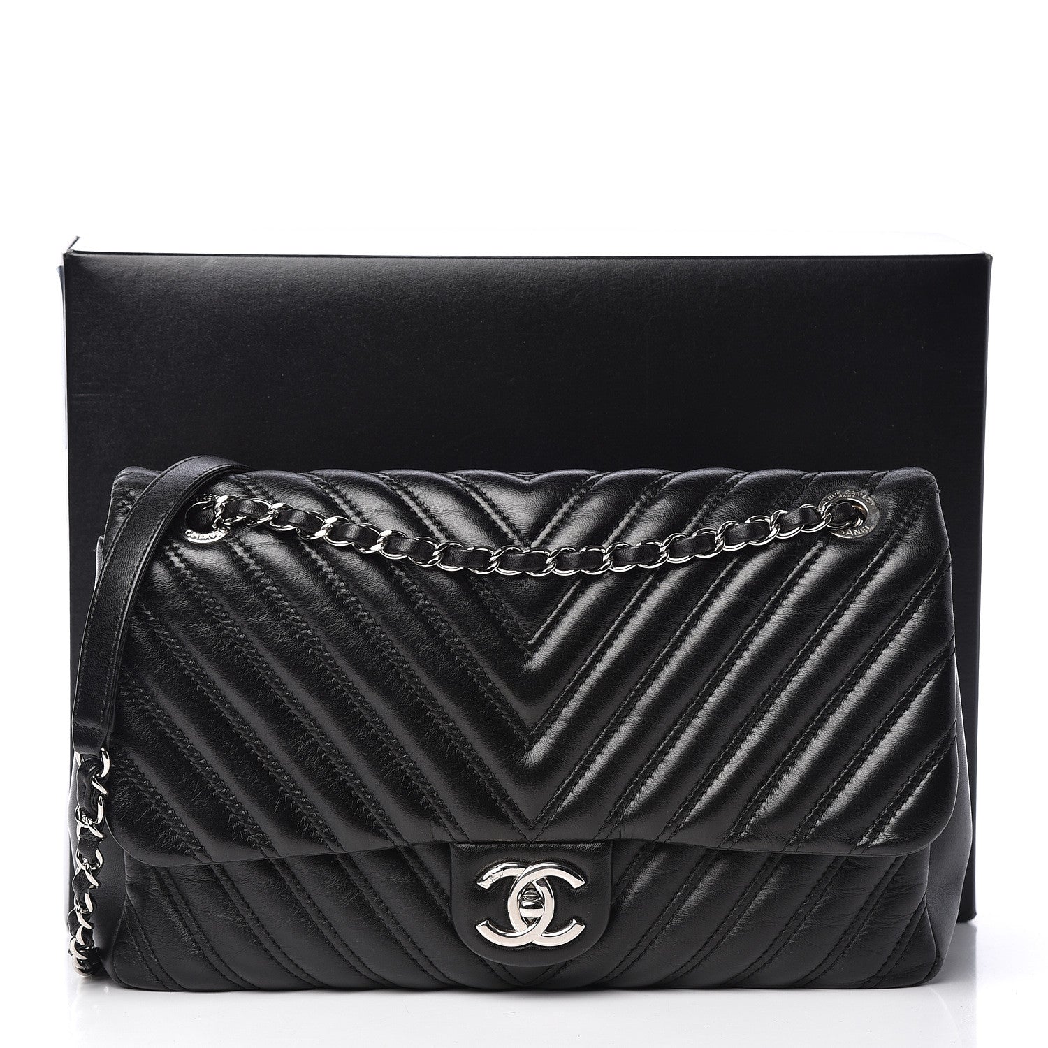 Chanel Lambskin Chevron Quilted Double Stitch Jumbo Single Flap Black 13 of 13