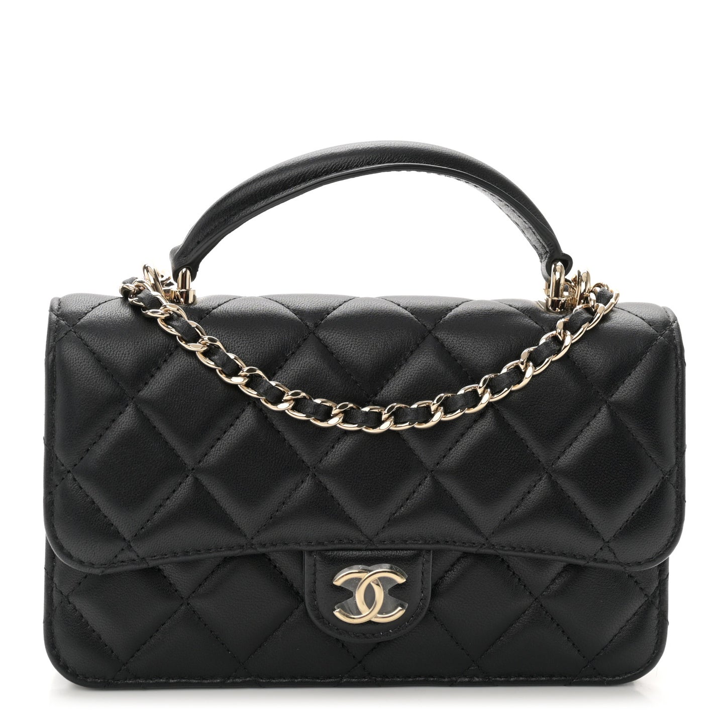 Lambskin Quilted Flap Phone Holder With Chain Black