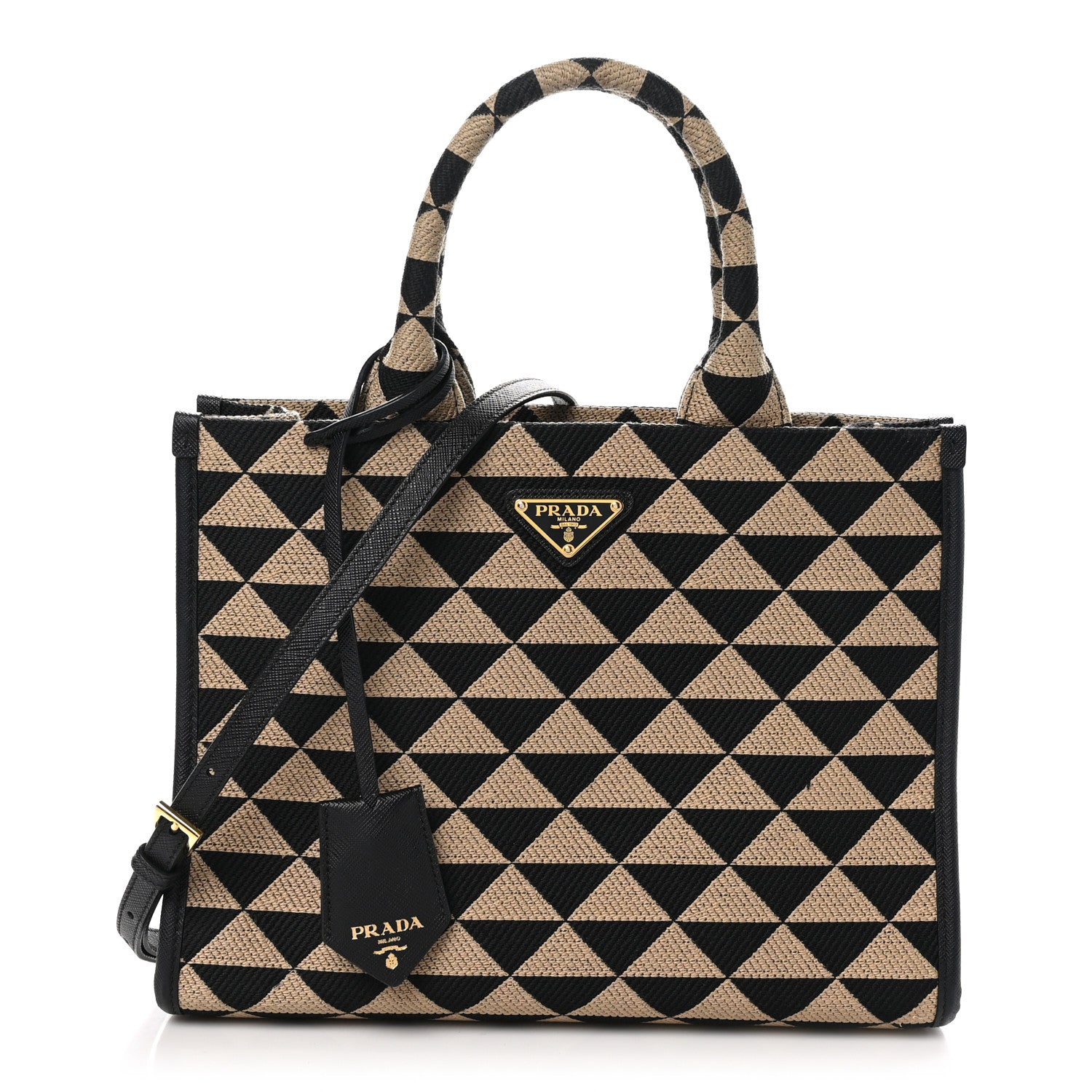 Prada Jacquard Saffiano Triangolo Symbole Embroidered Small Tote Black Corda 1 of 9