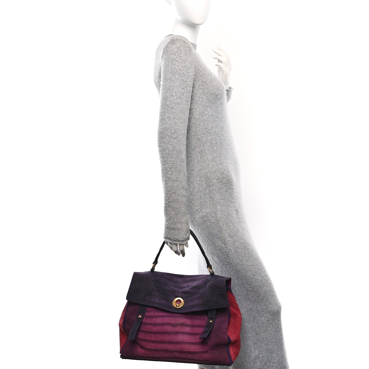 Saint Laurent Nubuck Crocodile Embossed Large Muse Two Purple Pink