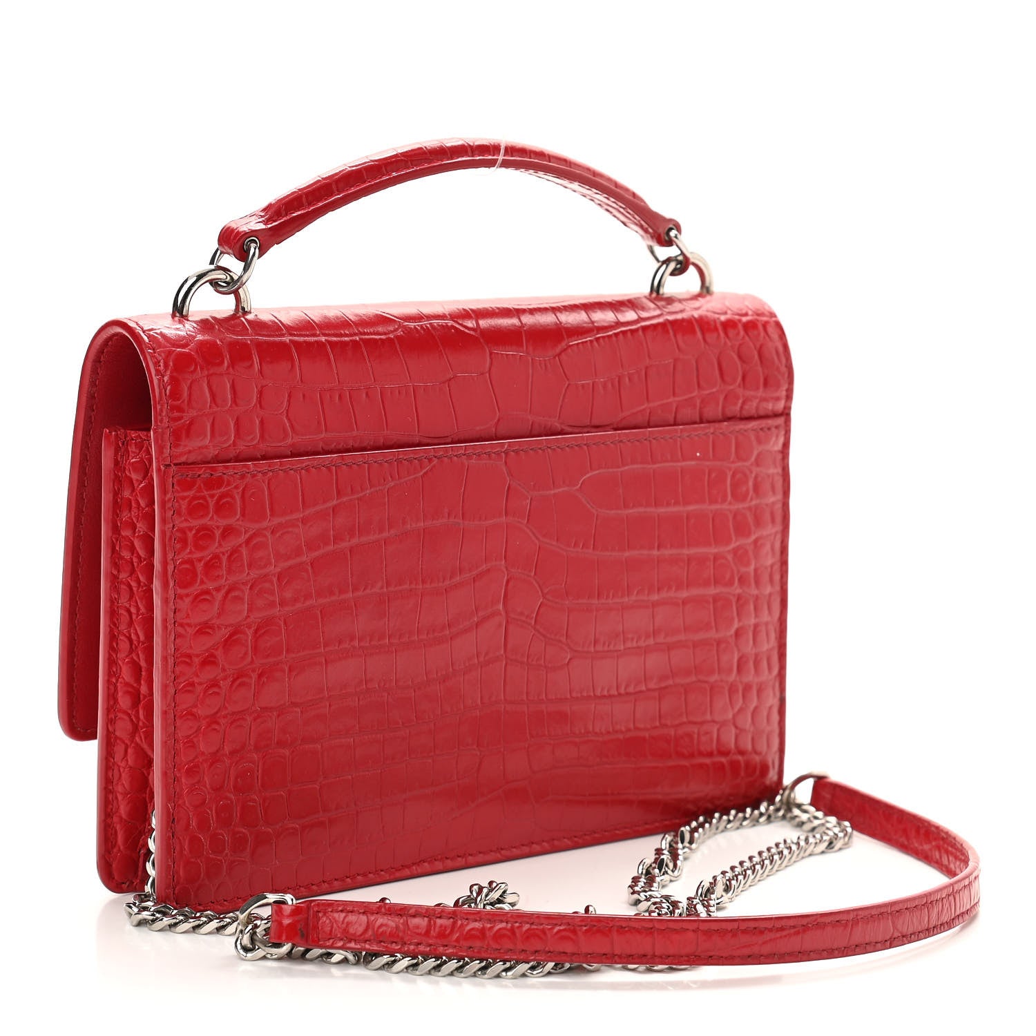 Saint Laurent Calfskin Crocodile Embossed Monogram Sunset Chain Wallet Rouge Eros 3 of 10