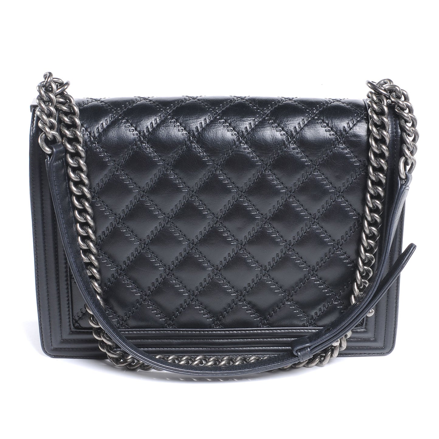 Calfskin Double Stitch Large Boy Flap Black