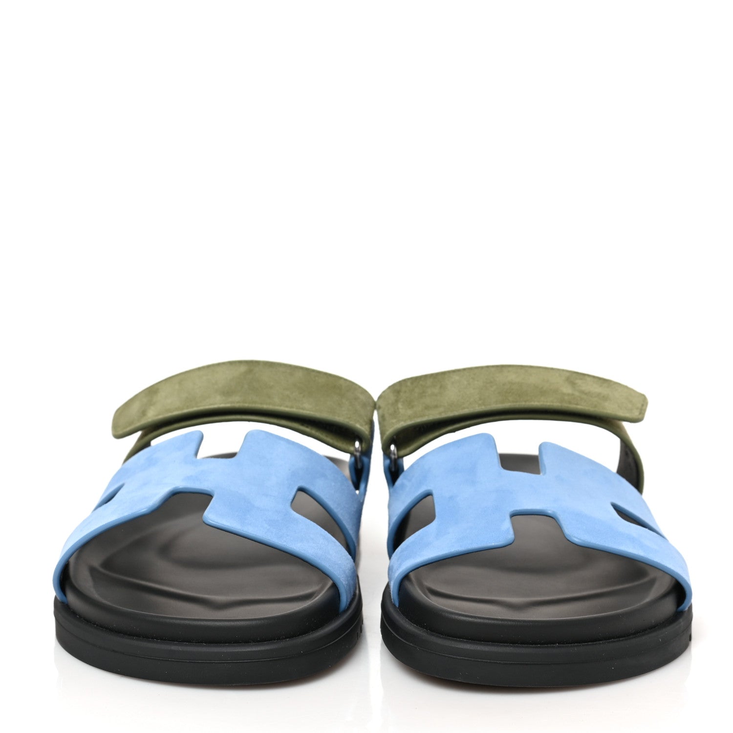 Hermes Suede Goatskin Womens Chypre Sandals 37 Bleu Cameo Vert 2 of 10