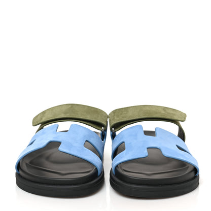Hermes Suede Goatskin Womens Chypre Sandals 37 Bleu Cameo Vert 2 of 10