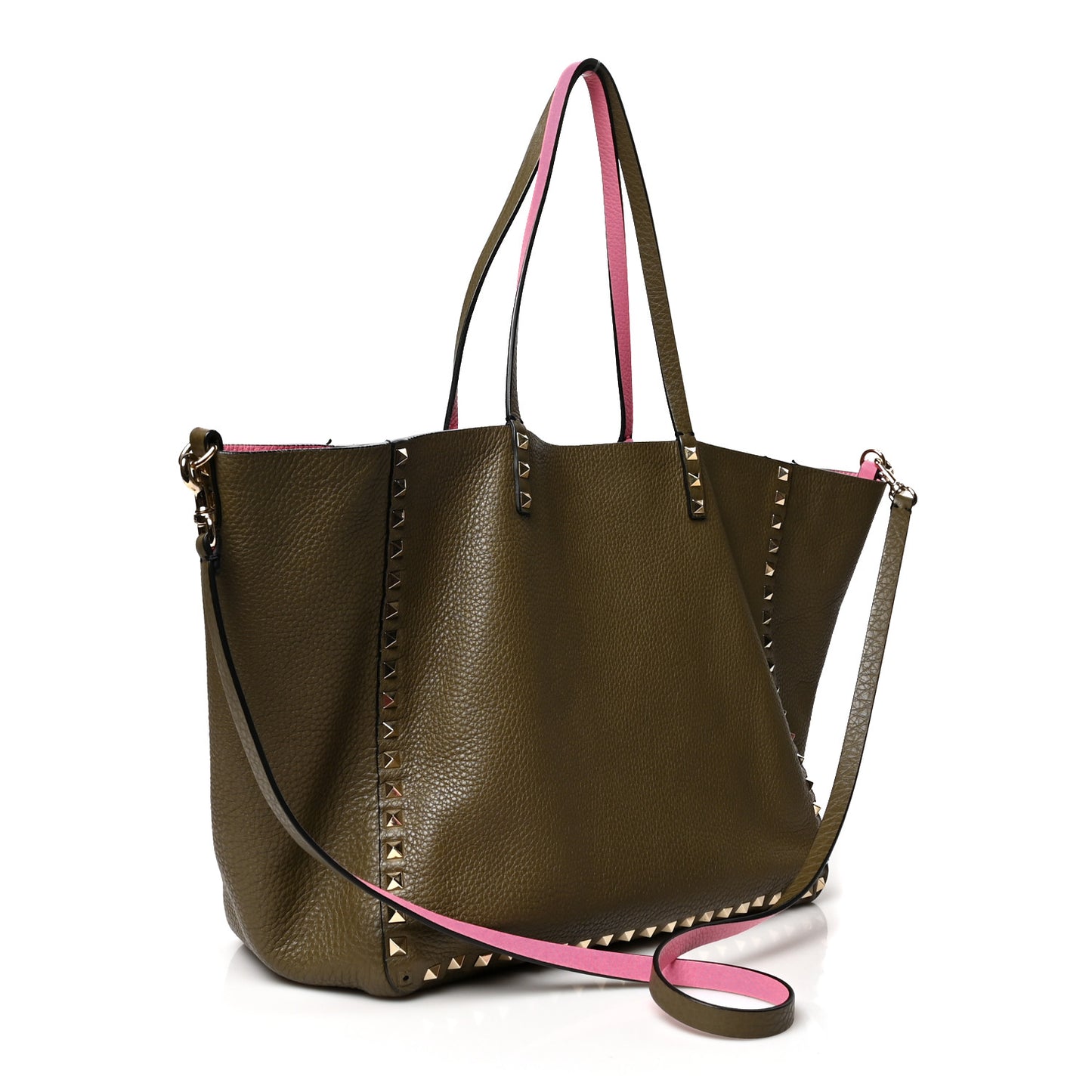 Grained Calfskin Medium Rockstud Reversible Tote Army Green Pink