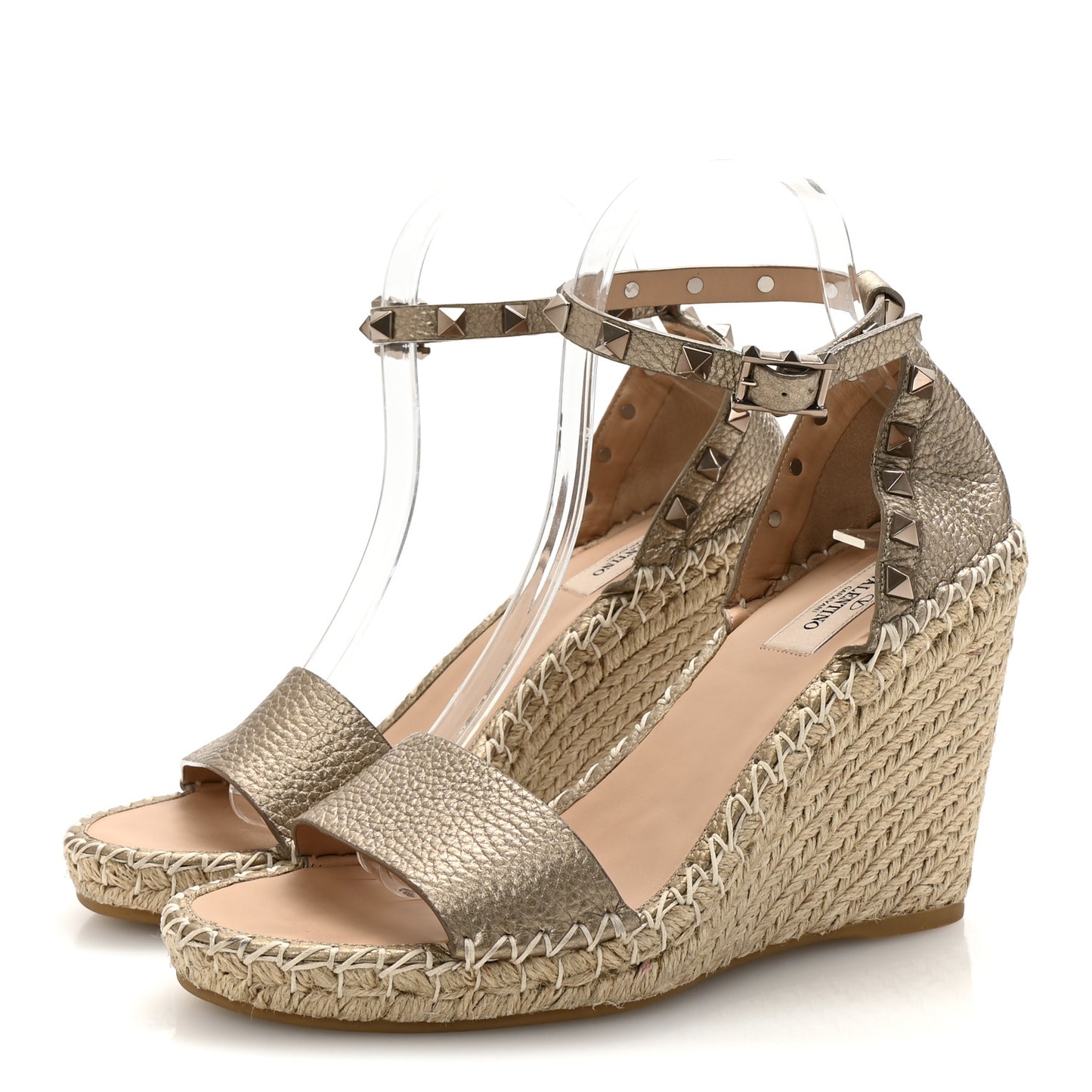 Metallic Grained Calfskin Rockstud Crisscross Ankle Strap Espadrille Wedge Sandals 39 Skin Natural