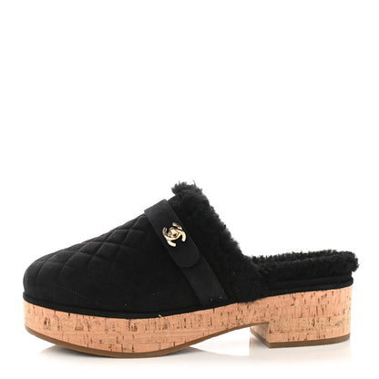 Chanel Suede Calfskin Shearling Turn Lock Clogs 39 Black 1 of 8