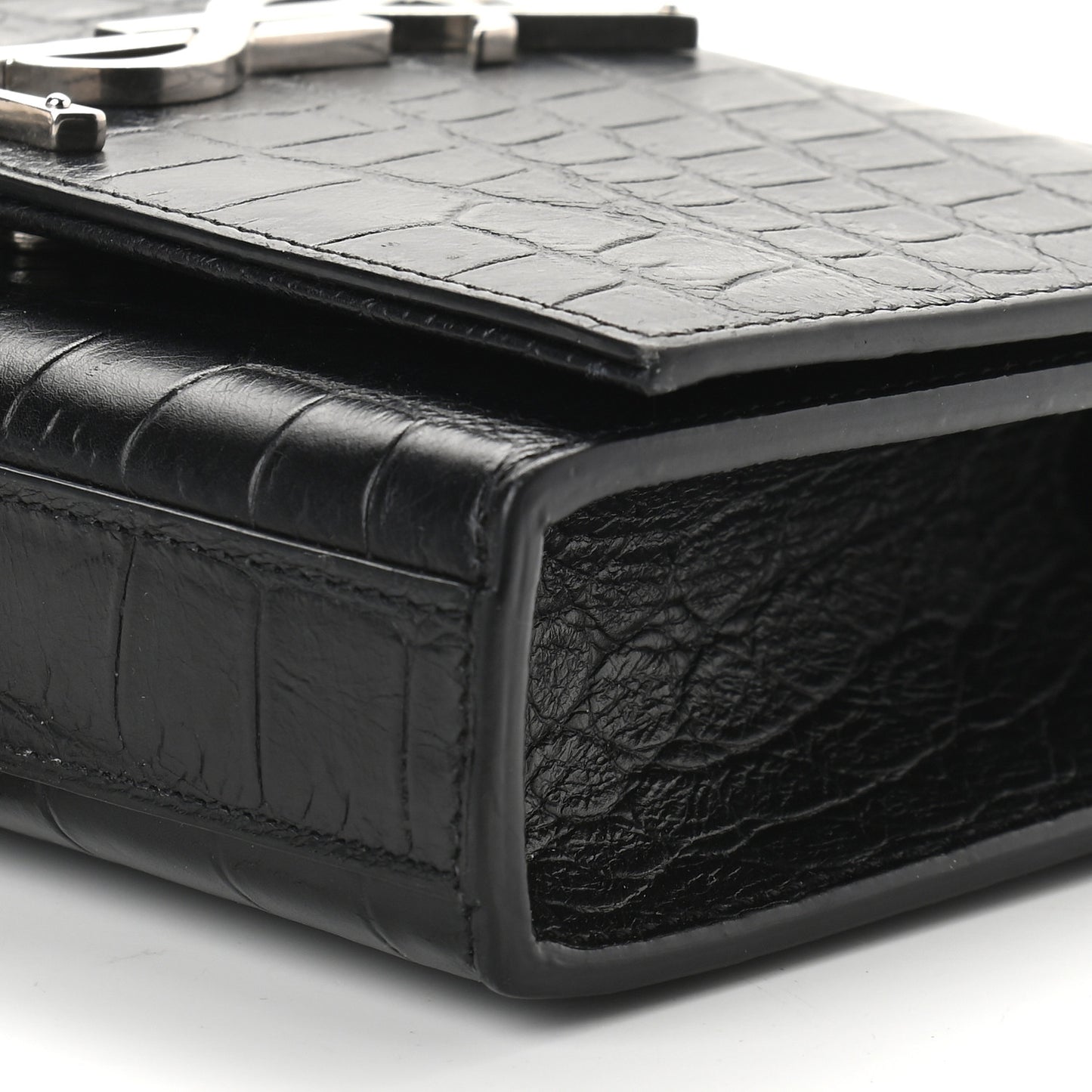 Calfskin Crocodile Embossed Small Classic Monogram Kate Tassel Satchel Black