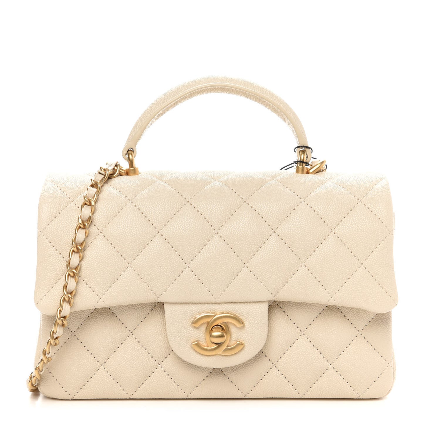 Caviar Quilted Mini Top Handle Rectangular Flap Beige