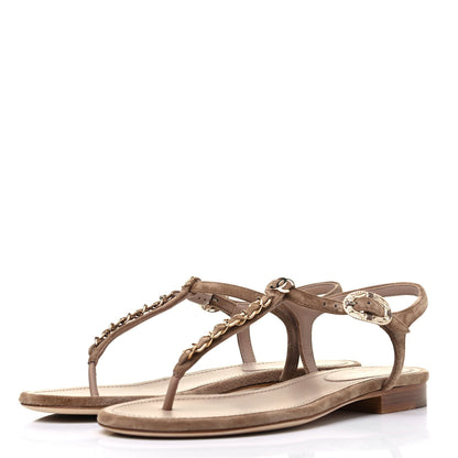 Chanel Suede Calfskin Thong Sandals 35.5 Beige 3 of 7