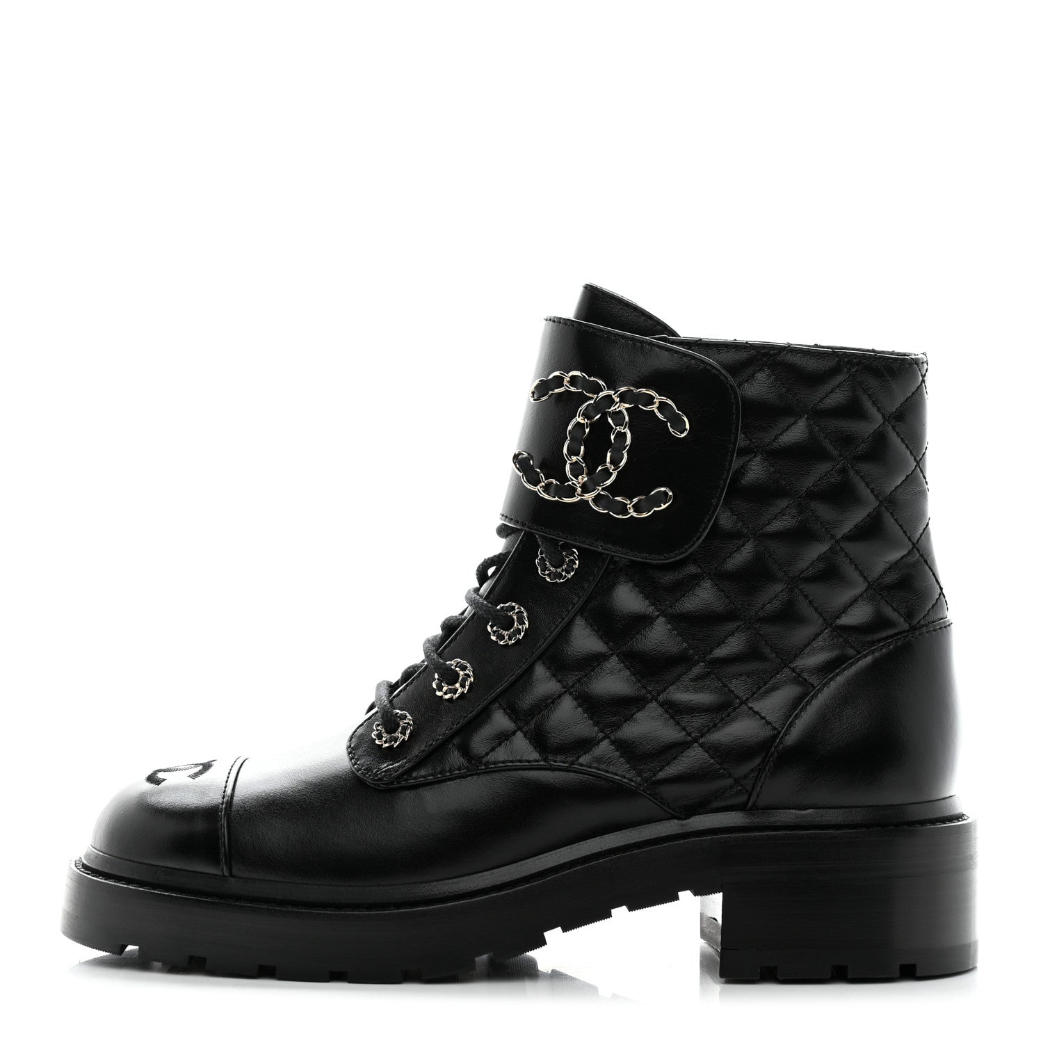 Chanel Shiny Lambskin Quilted Lace Up Combat Boots 39 Black 1 of 11