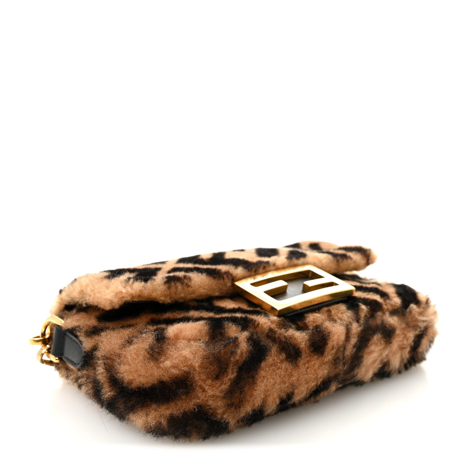 Fendi Shearling Vitello Dolce Macro FF 1974 Mini Baguette Tobacco Black 4 of 10