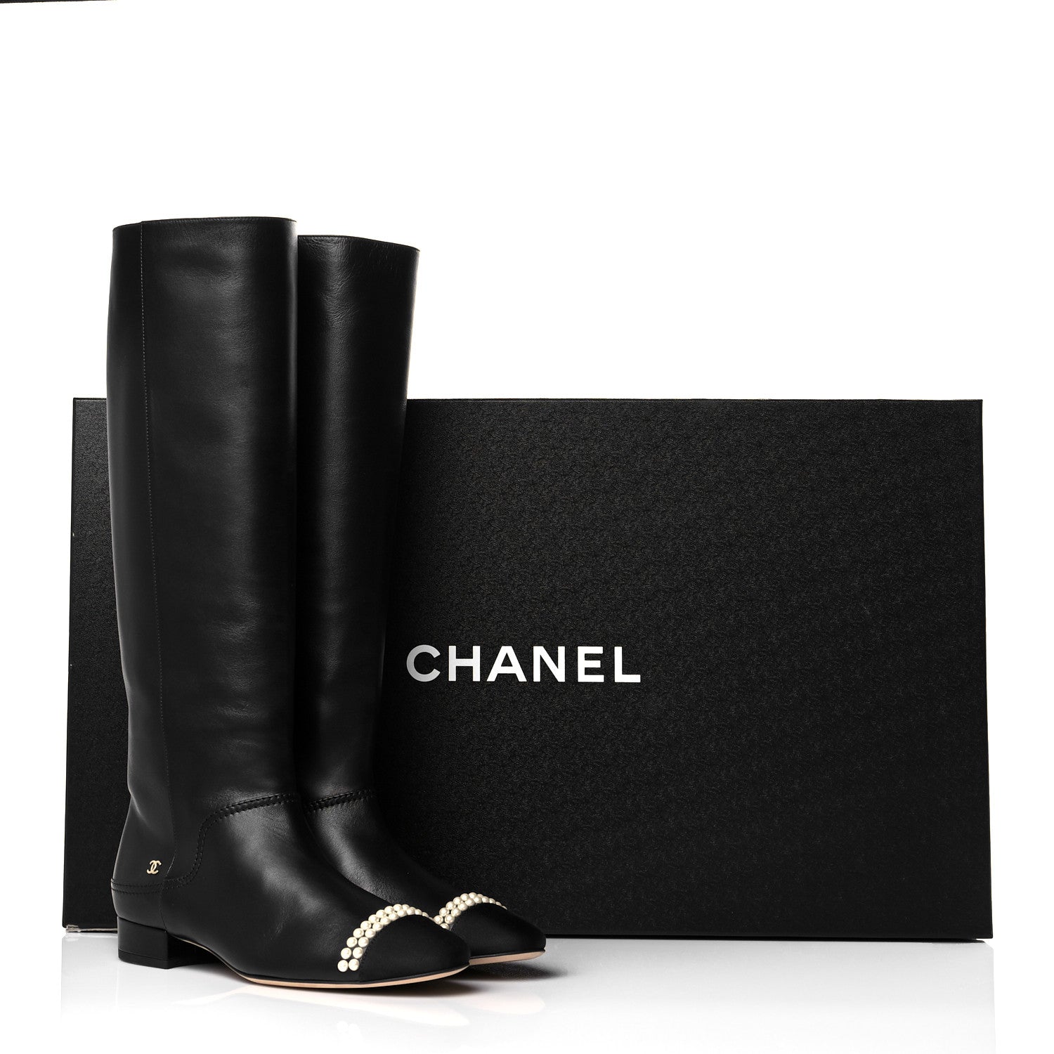 Chanel Calfskin Grosgrain Pearl Cap Toe High Boots 38 Black 10 of 10