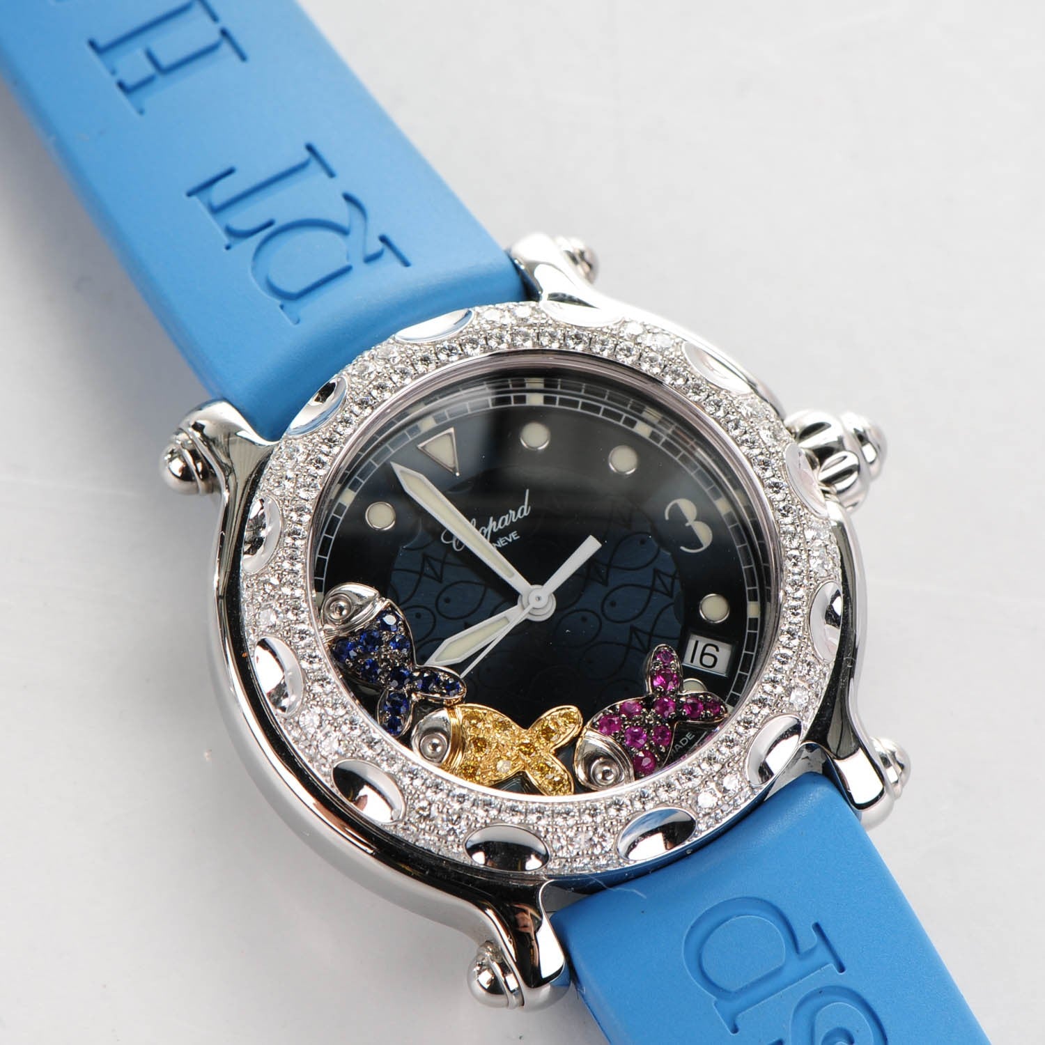 Chopard Stainless Steel Rubber Diamond Bezel Ruby Yellow Blue Sapphire 39mm Happy Sport Fish Quartz Watch Blue 5 of 8